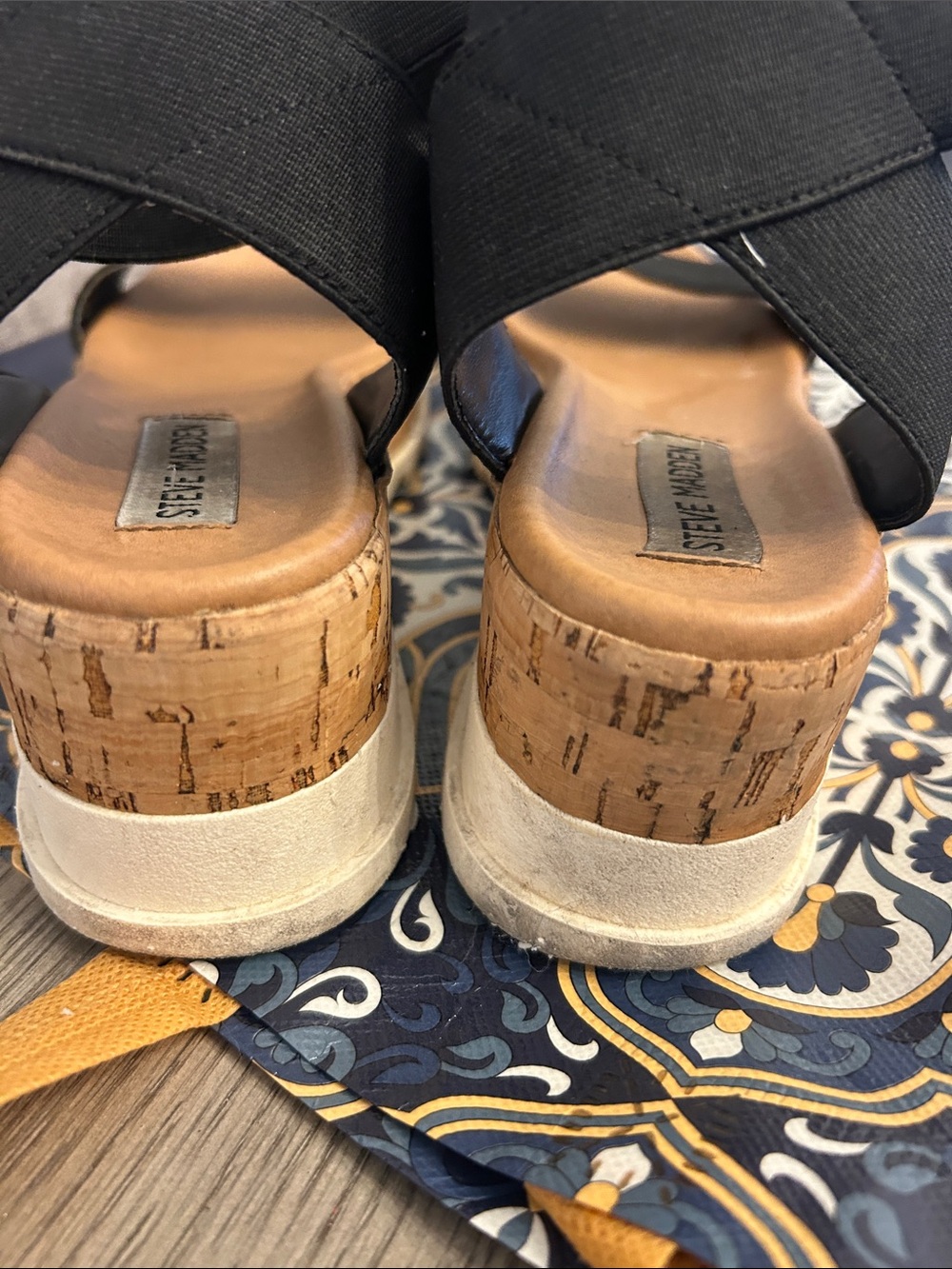Steve Madden Black Elastic Strap Cork-Platform Wedges - Picture 5 of 6